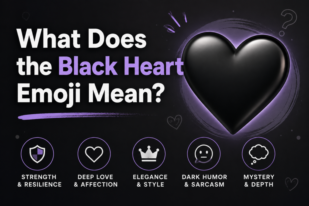 What does the black heart emoji mean? Illustration showing the π€ Black Heart Emoji with meanings including strength, deep love, elegance, dark humor, and mystery.