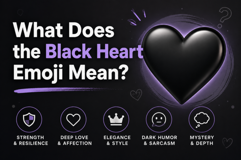 What does the black heart emoji mean? Illustration showing the 🖤 Black Heart Emoji with meanings including strength, deep love, elegance, dark humor, and mystery.