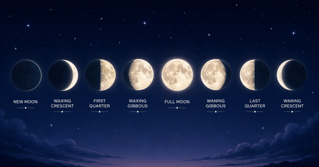 Illustration of all 8 moon phase emojis showing New Moon, Waxing Crescent, First Quarter, Waxing Gibbous, Full Moon, Waning Gibbous, Last Quarter, and Waning Crescent in order.