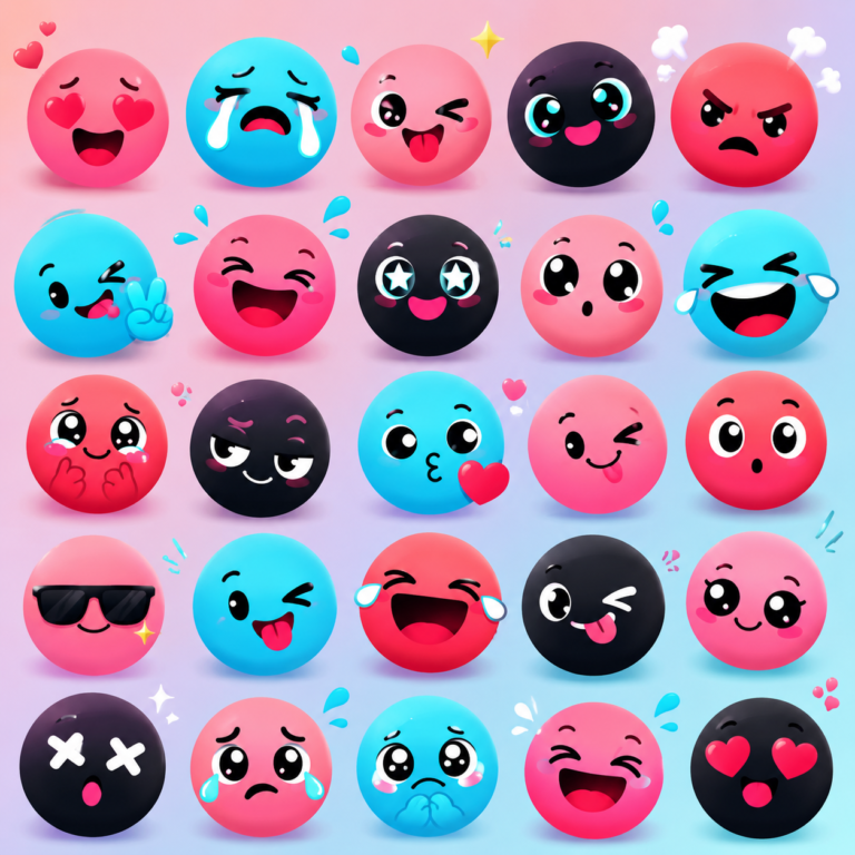 Colorful collection of cartoon-style emoji faces with happy, laughing, crying, winking, and playful expressions in pink, blue, and red shades on a soft gradient background.