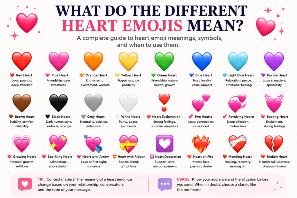 What do the different heart emojis mean infographic showing red, pink, green, blue, black, white, and other heart emoji meanings