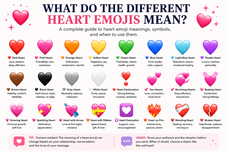 What do the different heart emojis mean infographic showing red, pink, green, blue, black, white, and other heart emoji meanings